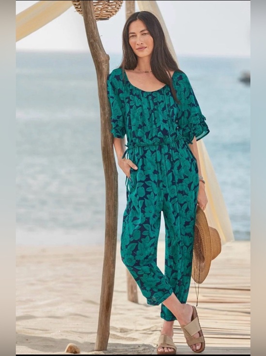 Sundance Pants - Sundance Floral Cotton Jumpsuit Petite Medium PM Blue Green Blue Pockets Boho